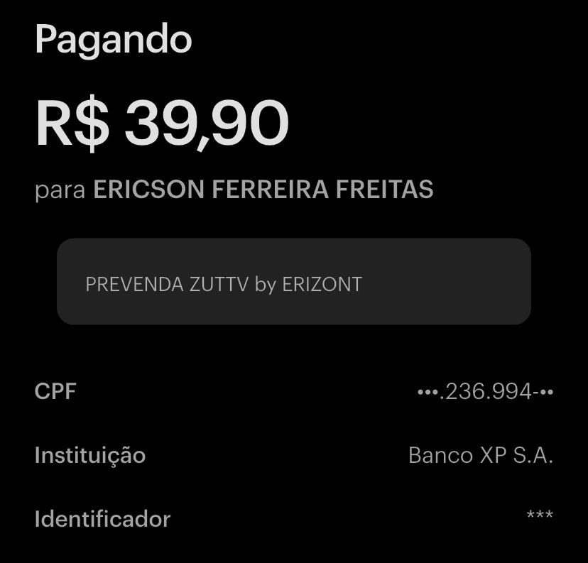 Detalhes do Pagamento PIX para ZUTTV